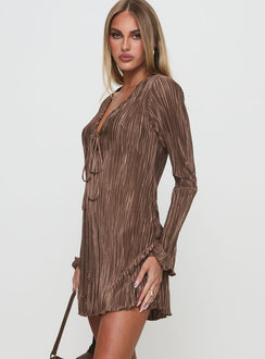 side view of model wearing Princess Polly Malop Long Sleeve Mini Dress Chocolate Petite V-Neck 