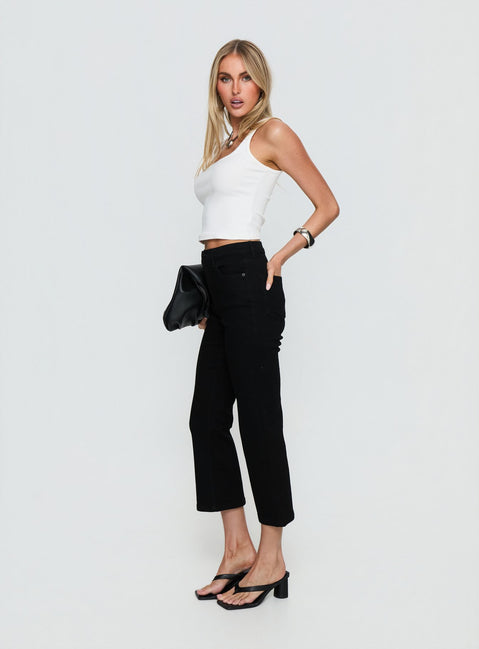 side view of model wearing Princess Polly Cindee High Rise Cropped Jeans Jet Black High Rise Jeans Jeans 