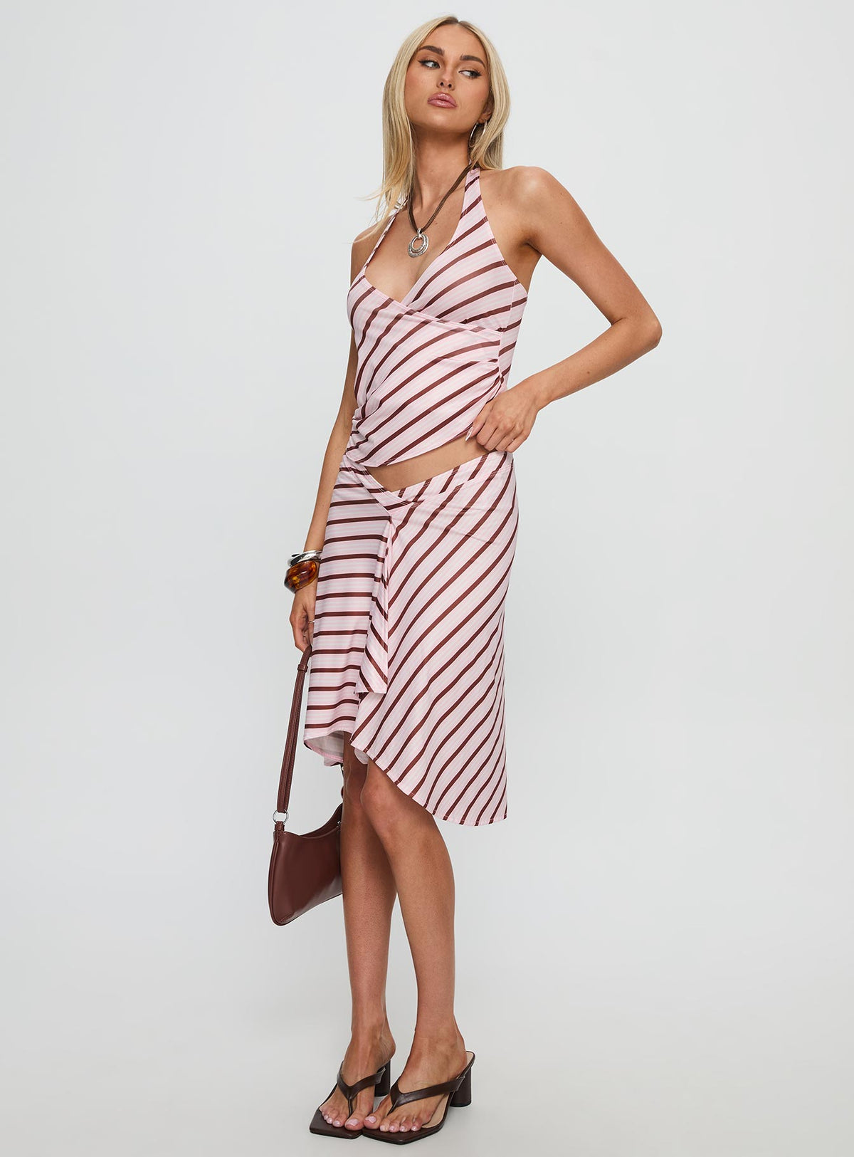   front view of model wearing Princess Polly Esmeray Midi Skirt Pink Stripe Skirts 