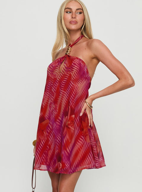 Magica Halter Keyhole Mini Dress Red Floral