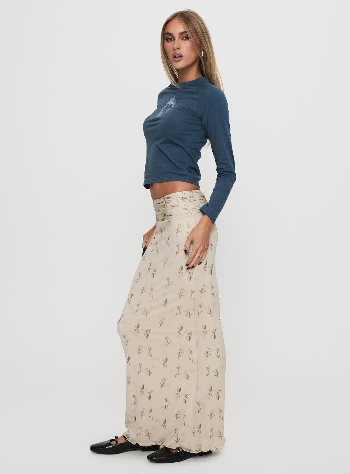   side view of model wearing Princess Polly Aliceyn Ruched Maxi Skirt Multi Floral Maxi Skirts Skirts 