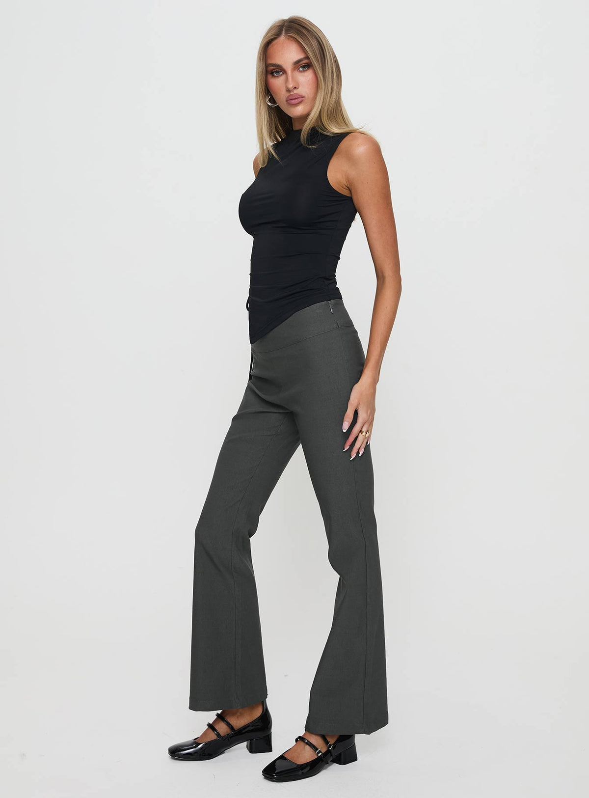 side view of model wearing Princess Polly Everyday Flared Pants Slate Grey High Rise Pants Pants 