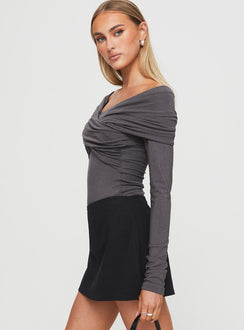 side view of model wearing Princess Polly Sundlow Off Shoulder Bodysuit Slate Long Sleeve Tops Bodysuit 