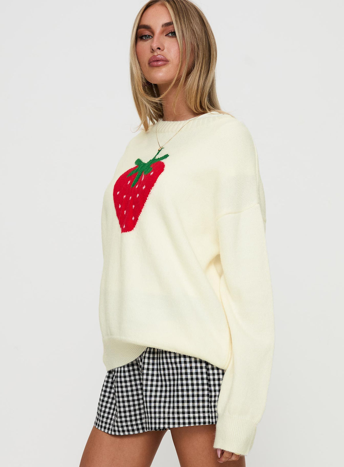 side view of model wearing Princess Polly Living Is Easy Knit Sweater White Longline Jumpers Jumpers 