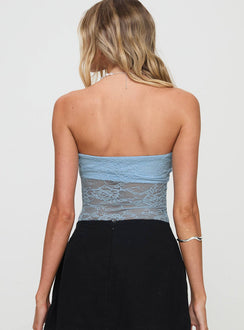 back view of model wearing Princess Polly Cupcake Strapless Bodysuit Blue Sleeveless Bodysuit 