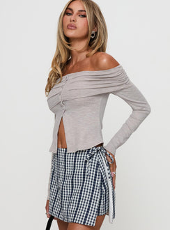 side view of model wearing Princess Polly Victorea Long Sleeve Top Grey Full Sleeves straight 
