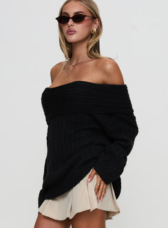 side view of model wearing Princess Polly Snowie Off Shoulder Knit Sweater Black Longline Jumpers Jumpers 