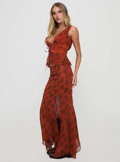   side view of model wearing Princess Polly Nikolise Maxi Skirt Red Maxi Skirts Skirts 