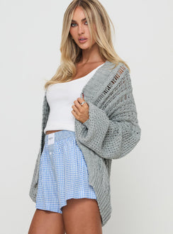 side view of model wearing Princess Polly Abner Cable Cardigan Light Grey Jumpers 