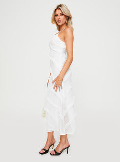 side view of model wearing Princess Polly Lars Maxi Dress White Scoop Neck 