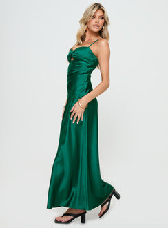 side view of model wearing Princess Polly Blackthorn Maxi Dress Green Sweetheart Neckline 