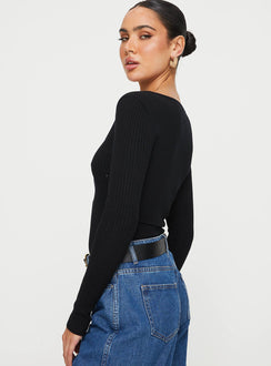 side view of model wearing Princess Polly Zuma Long Sleeve Bodysuit Black Long Sleeve Tops Bodysuit 