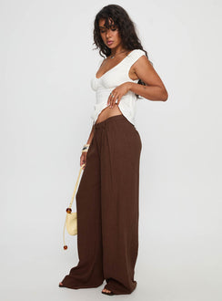 side view of model wearing Princess Polly Vianca Low Rise Linen Pant Chocolate High Rise Pants Pants 