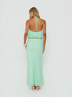 Crafted from the Wild Dune Ruched Waist Maxi Skirt Green womens-skirts in maxi length back view of model wearing Princess Polly