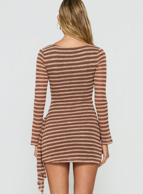 Avenor Long Sleeve Tie Detail Mini Dress Brown / Yellow Stripe