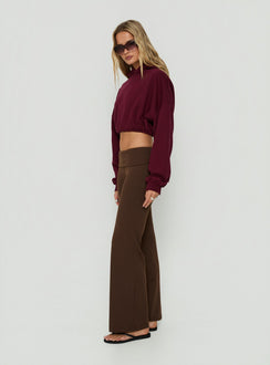 Highlighting the Daily Define Foldover Waist Pants Brown womens-regular-pants with high-rise side view of model wearing Princess Polly
