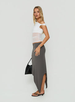 Featuring the Aviza Asymmetrical Midi Skirt Grey in womens-skirts with fitted style side view of model wearing Princess Polly