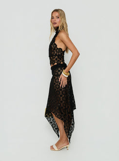 Featuring the Trophy Sheer Midi Skirt Black womens-skirts with fitted lace and asymmetry side view of model wearing Princess Polly