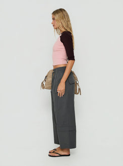 Showcasing Fever Cargo Pant Charcoal womens-regular-pants with high-rise side view of model wearing Princess Polly