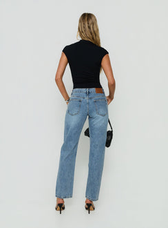 Designed with Fedela Mid Rise Straight Jeans Light Vintage Blue in womens-jeans featuring mid-rise waist back view of model wearing Princess Polly