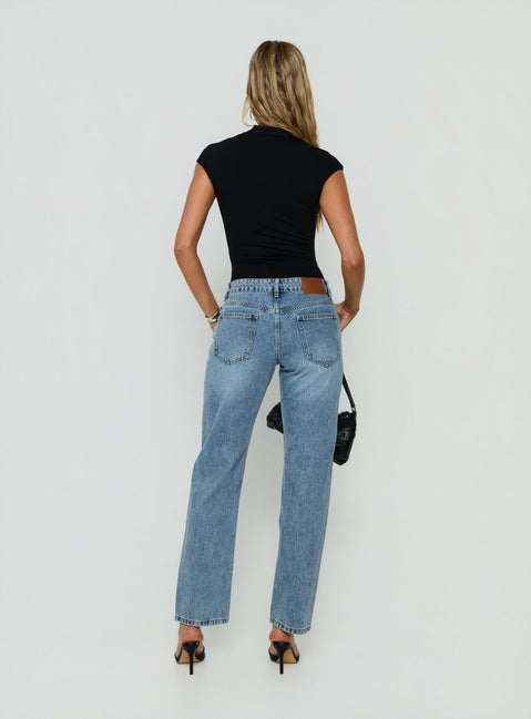 Designed with Fedela Mid Rise Straight Jeans Light Vintage Blue in womens-jeans featuring mid-rise waist back view of model wearing Princess Polly