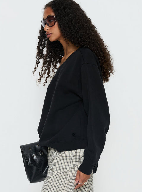 side view of model wearing Princess Polly Wellness Off the Shoulder Jumper Washed Black Longline Jumpers Jumpers 