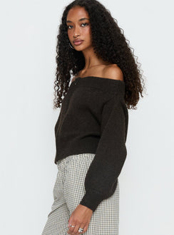 side view of model wearing Princess Polly Ortensa Off Shoulder Zip Through Jumper Brown Jumpers 