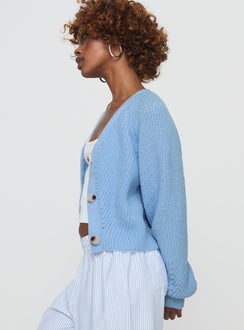 side view of model wearing Princess Polly Leskie Cardigan Pale Blue Cropped Jumpers Jumpers 