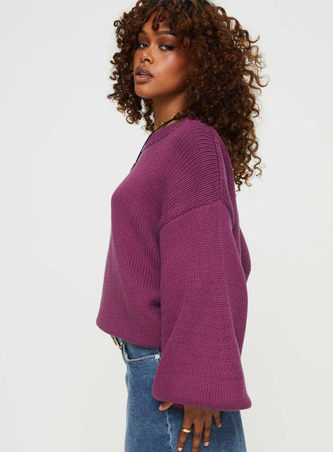 side view of model wearing Princess Polly Harmony Balloon Sleeve Knit Sweater Burgundy Jumpers 
