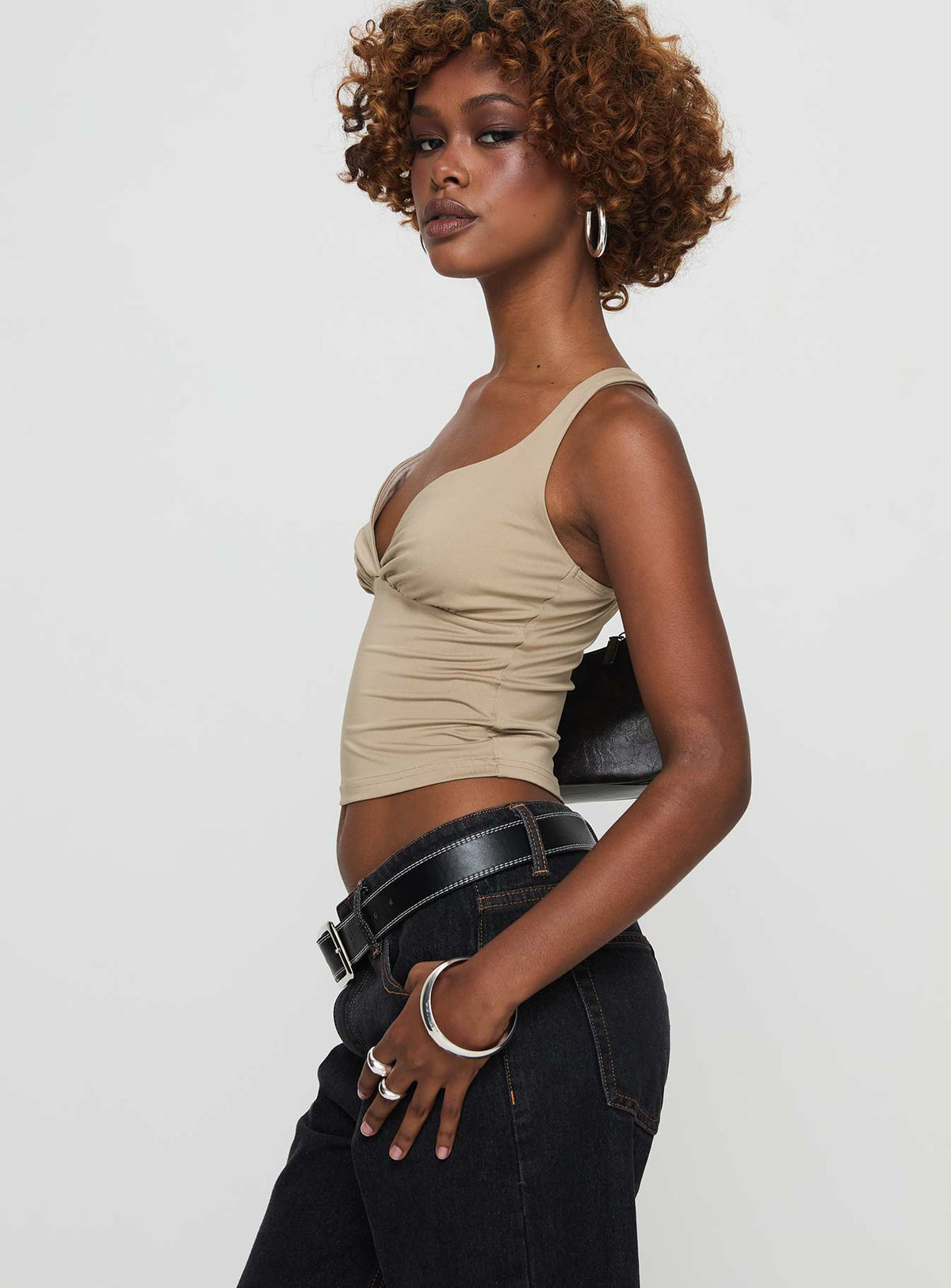 side view of model wearing Princess Polly Wandella Tank Beige Sleeveless Sweetheart 