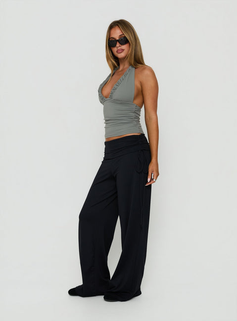 Presenting the Daily Define Ruched Tie Side Pants Black Tall womens-regular-pants with high-rise side view of model wearing