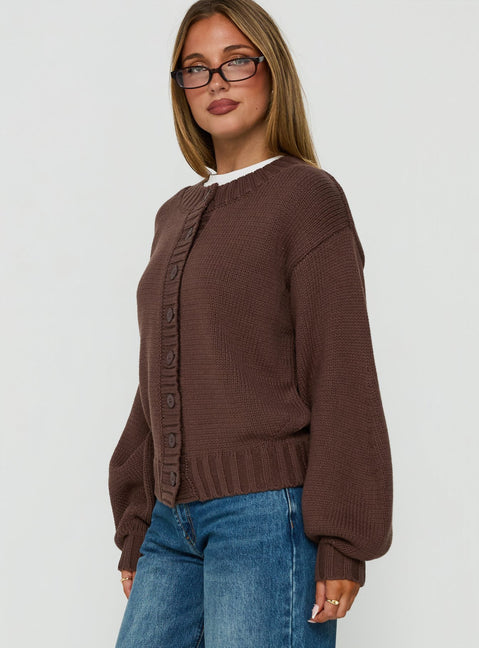 Featuring the Edern Cardigan Chocolate womens-jumpers in short length side view of model wearing Princess Polly