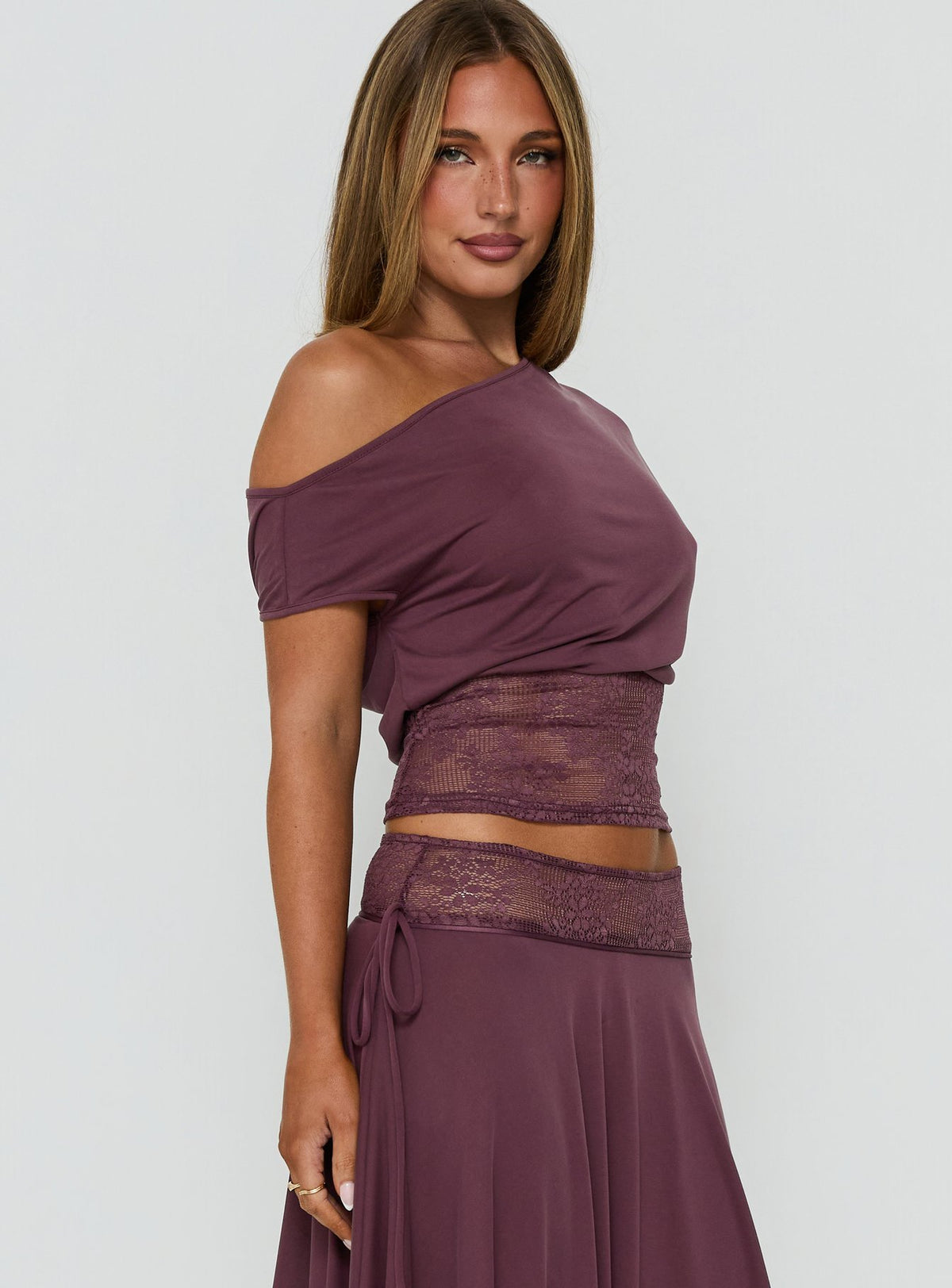 Marienna One Shoulder Lace Top Plum