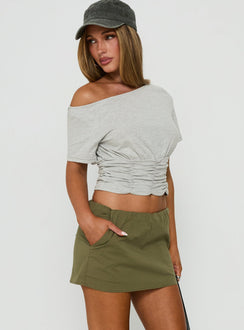 Designed with the Lunea Concealed Waistband Mini Skirt Olive Green fitted womens-skirts back view of model wearing Princess Polly