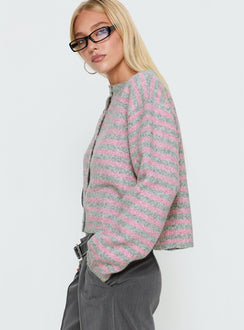 Crafted from striped knit the Raynna Button Up Cardigan Pink / Grey Stripe womens-jumpers with short length side view of model wearing Princess Polly