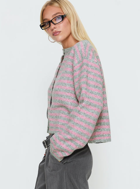 Crafted from striped knit the Raynna Button Up Cardigan Pink / Grey Stripe womens-jumpers with short length side view of model wearing Princess Polly