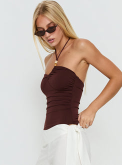 side view of model wearing Princess Polly Meda Bead Detail Ruched Bodysuit Brown Sleeveless Bodysuit 
