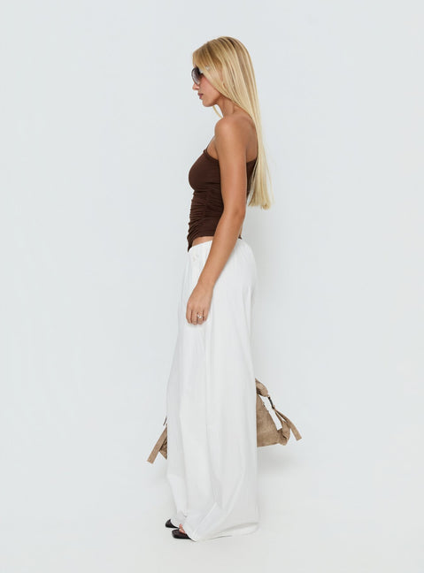Designed with comfort, the Lunea Concealed Waistband Pants White Petite in womens regular pants with high-rise wide-leg back view of model wearing