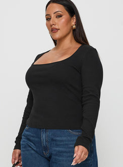side view of model wearing Princess Polly Baseline Long Sleeve Top Black Curve Full Sleeves Square Neck 