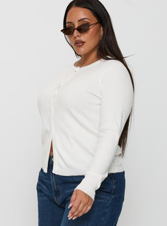 side view of model wearing Princess Polly Lauraine Cardigan White Curve regular Jumpers 
