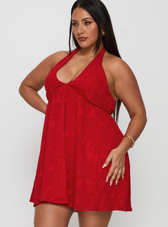 side view of model wearing Princess Polly Moriah Halter Mini Dress Red Curve Plunger 