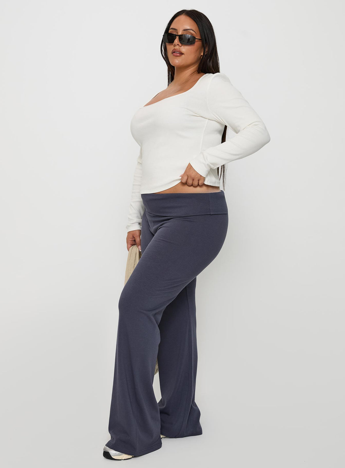 side view of model wearing Princess Polly Movement Yoga Pant Blue Curve Pants 