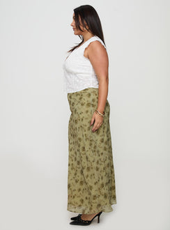   side view of model wearing Princess Polly Piazia Maxi Skirt Green Curve Maxi Skirts Skirts 