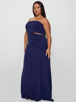 side view of model wearing Princess Polly Grandeur Strapless Maxi Dress Navy Curve Straight Neck 