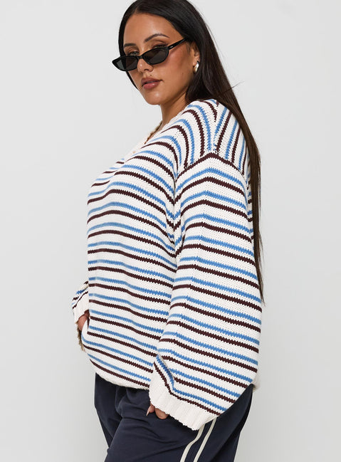 side view of model wearing Princess Polly Karolyn Sweater Blue Stripe Curve Jumpers 