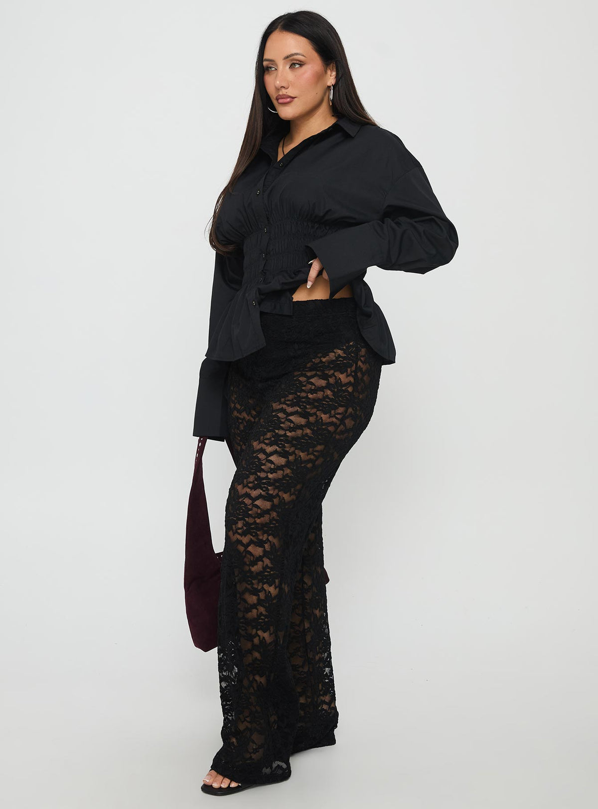 side view of model wearing Princess Polly Peru Lace Pants Black Curve High Rise Pants Pants 