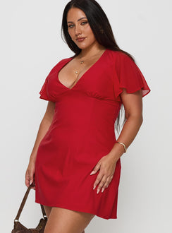 side view of model wearing Princess Polly Florie Corset Mini Dress Red Curve Plunger 