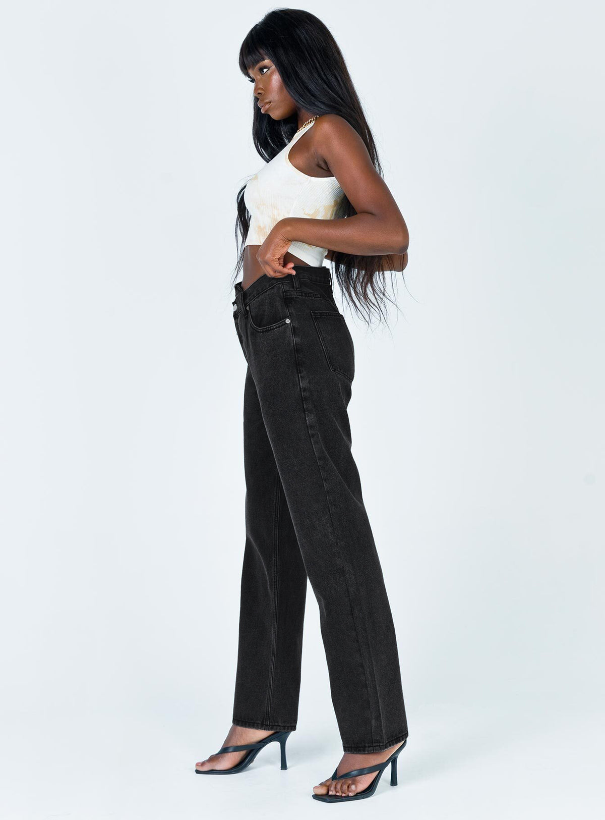 product Princess Polly High Waisted  Holly Asymmetric Straight Leg Jean Black Denim