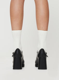 Faux leather loafer heels Single strap upper, silver-toned hardware, block heel, platform base, rounded toe