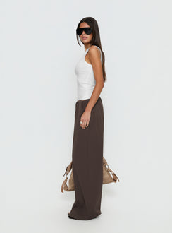Crafted from the Lunea Concealed Waistband Pants Brown womens-regular-pants featuring mid-rise side view of model wearing Princess Polly